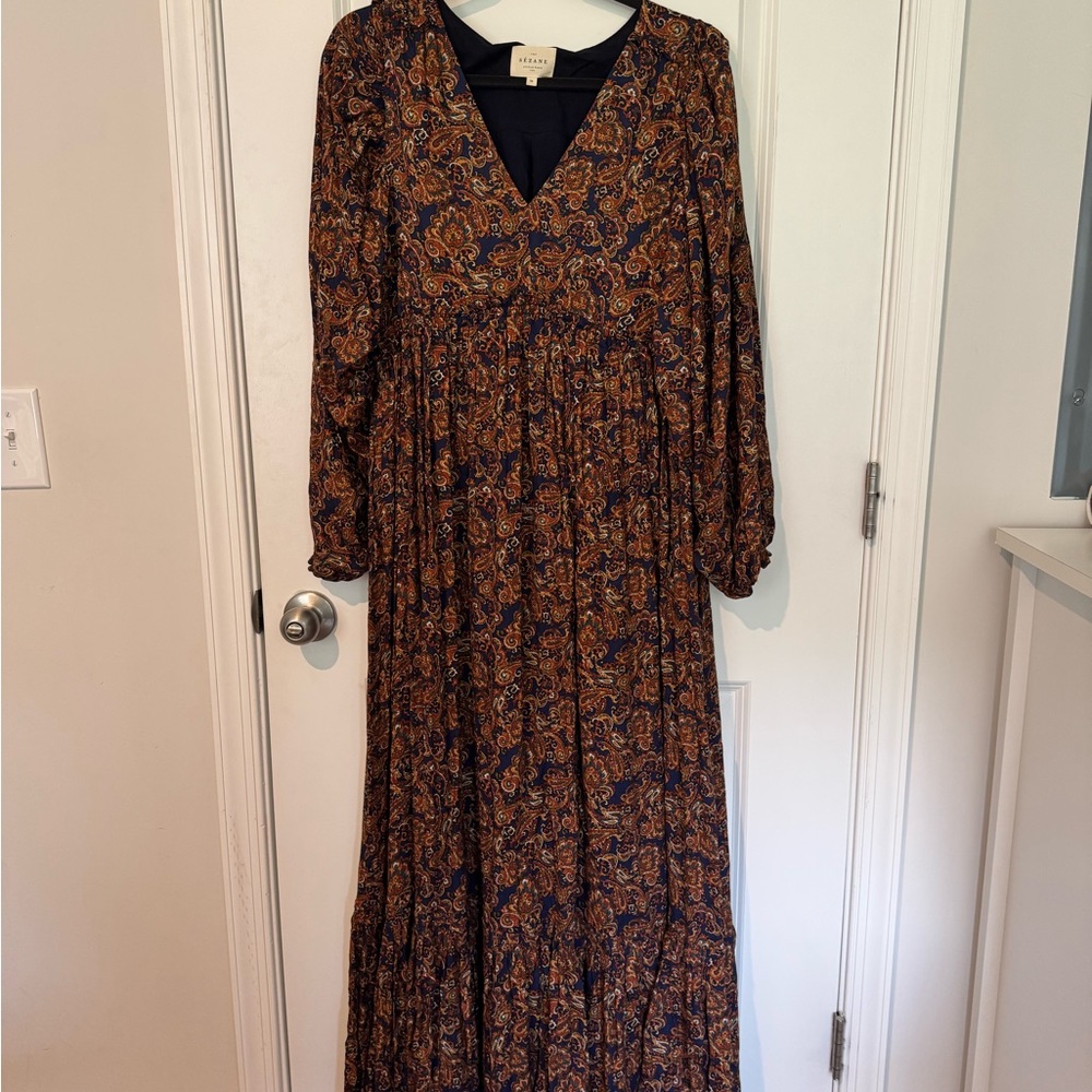 Sezane Navy and Brown Paisley Long Sleeve Dress